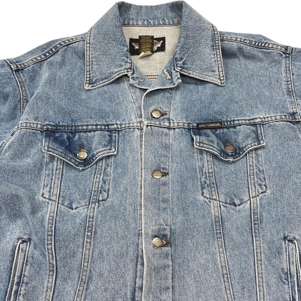 Harley Davidson Denim Jacket Large Embroidered Logo Blue Trucker
